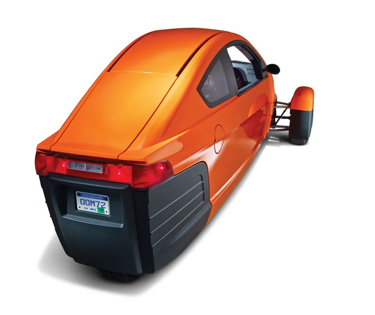 Rear view of Elio Motor's three-wheeler