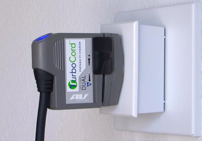 The dual-voltage TurboCord is compatible with 240-volt outlets with the use of a clip-on adapter