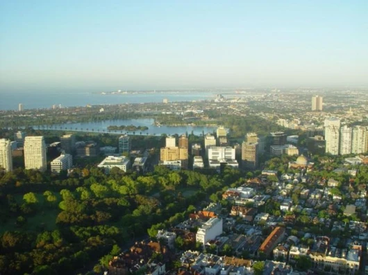 One of the most beautiful business precincts in the world - St Kilda Road runs through parkland - that's the F1 circuit in the background
