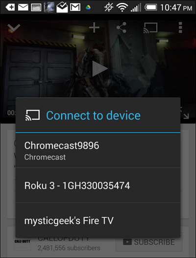 Choose Fire TV from the Cast to device menu