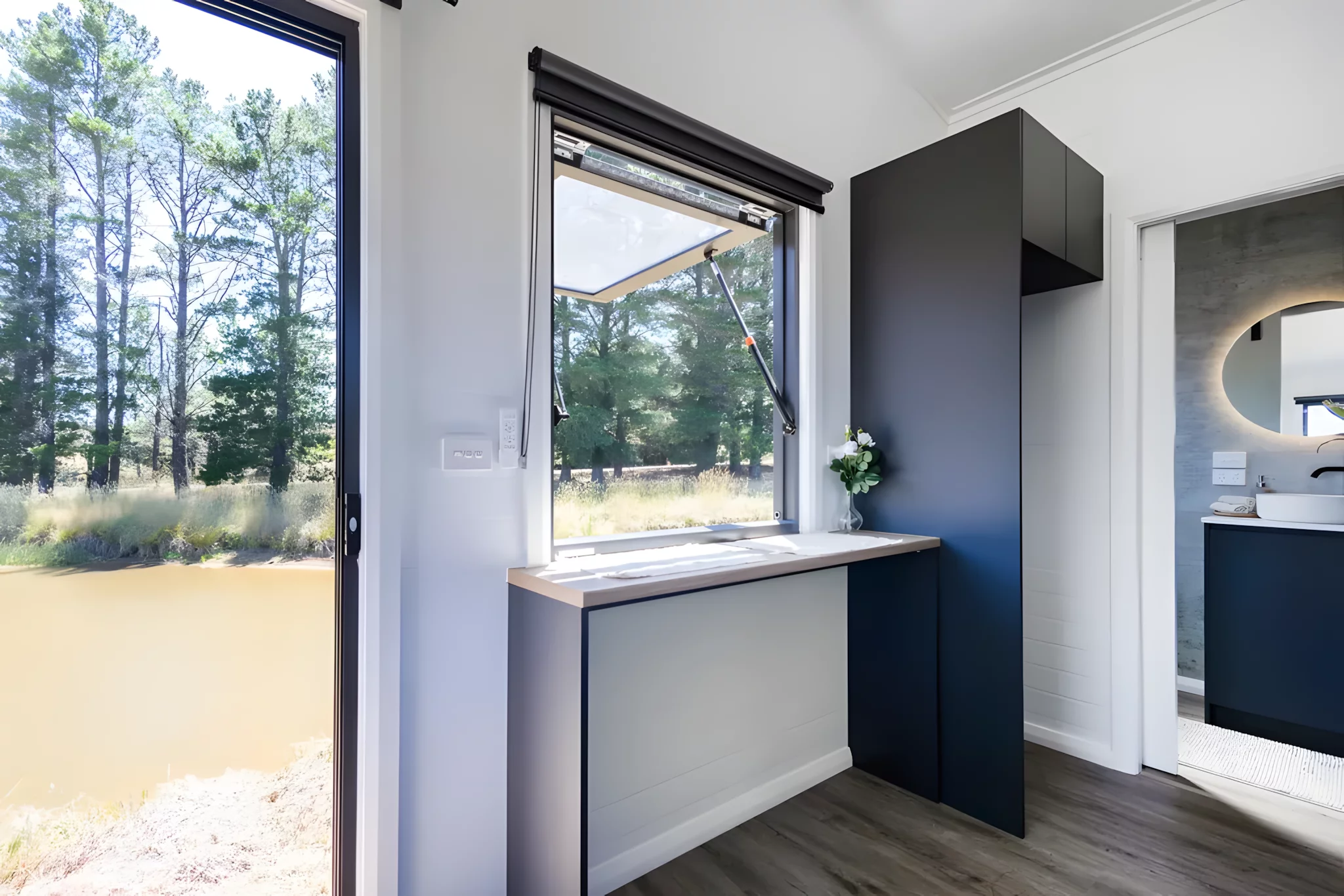 The Audrey features a desk/dining area that seats up to two people