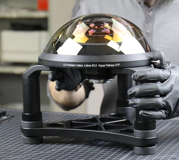 The 4.9mm f.3.5 hyper-fisheye "flying saucer" lens only leaves room for a mirrorless camera rig