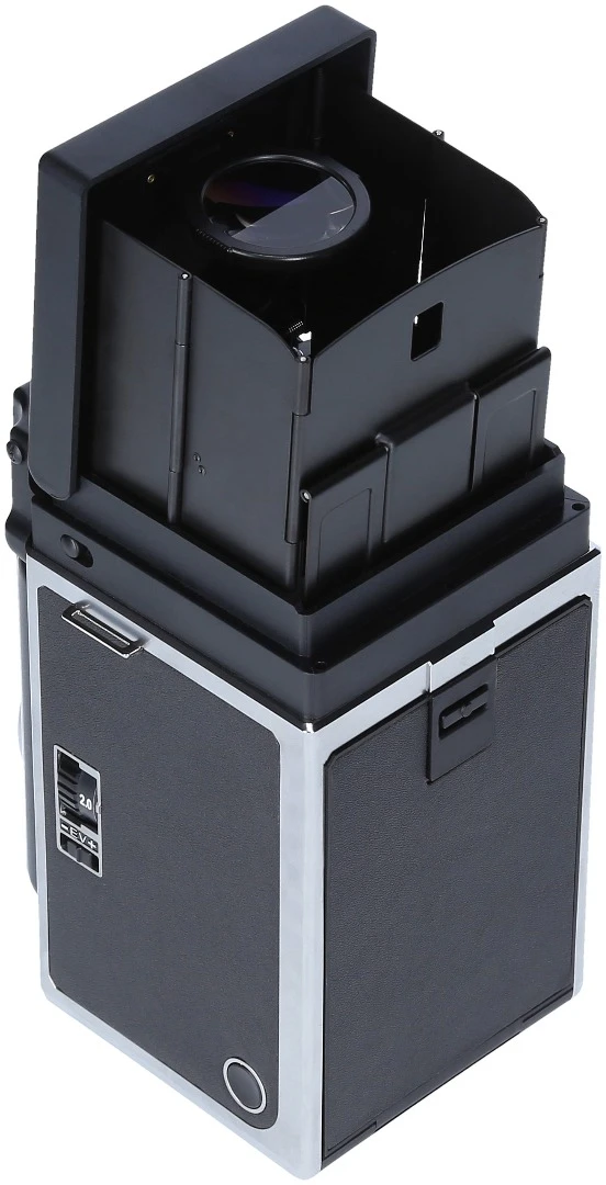 The Rolleiflex Instant Kamera sports a lift up Fresnel anti-glare viewfinder for camera operation at waste level