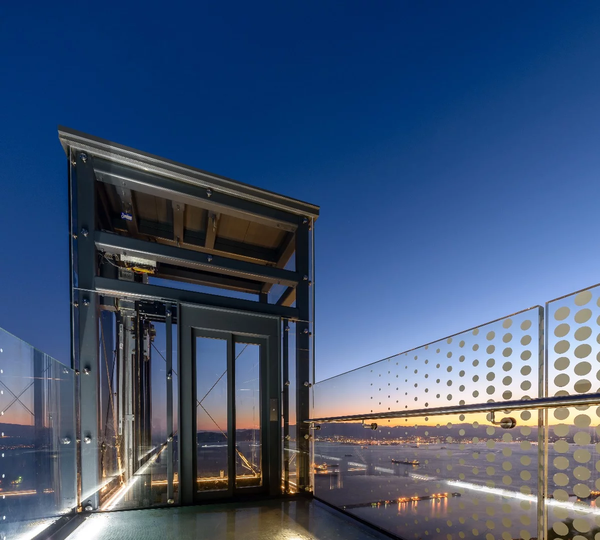 The Skywalk is accessed by stairs or glass elevator