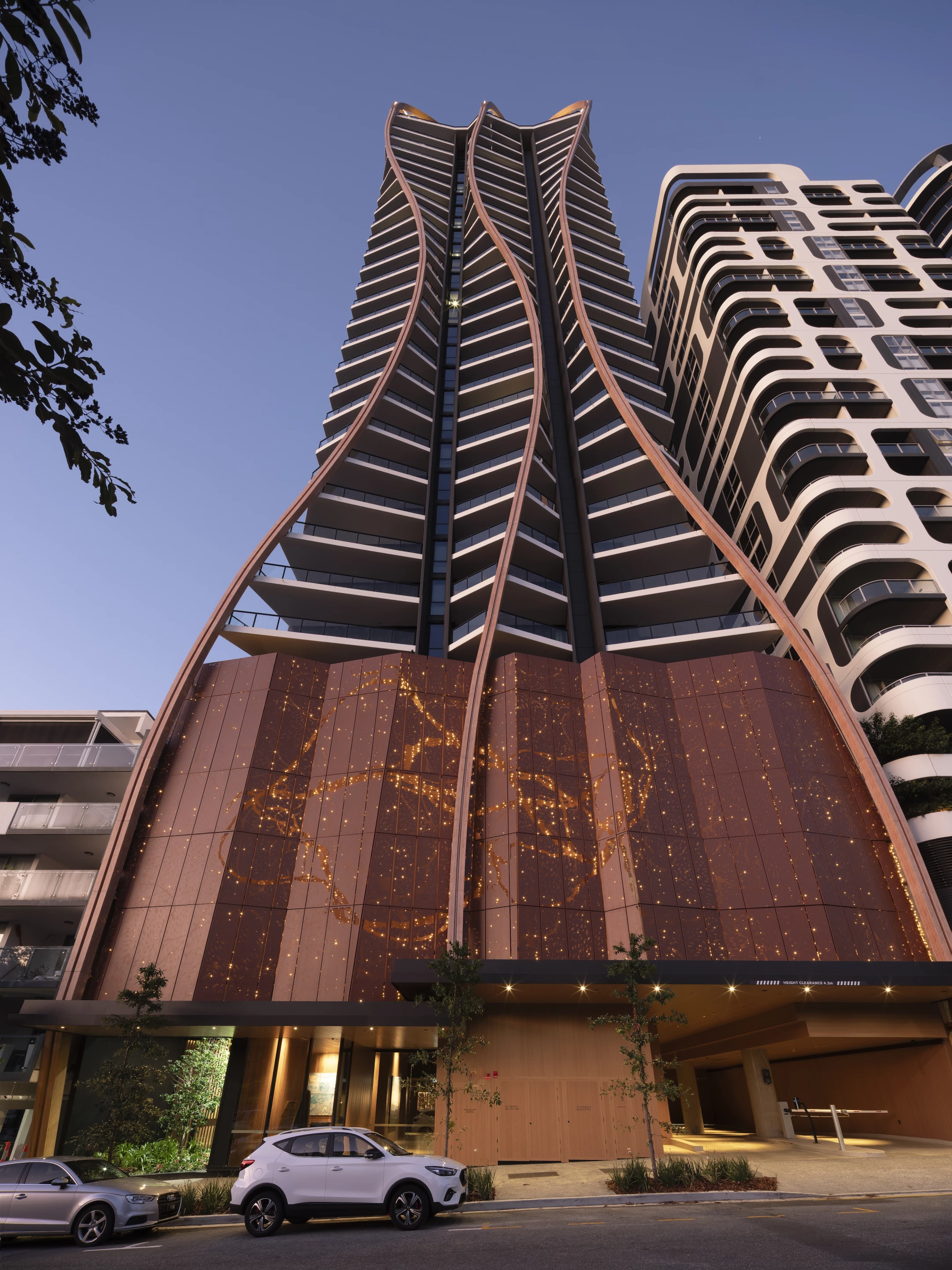 Upper House is defined by its twisting facade, which is made up of timber "roots"