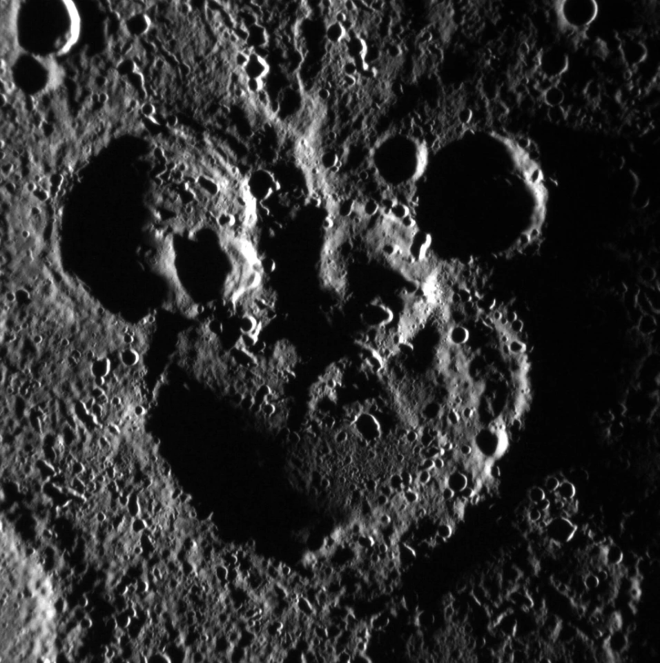 August 31, 2012: A region to the northwest of Mercury's crater Magritte – the shadowing helps define the "Mickey Mouse" resemblance, created by the accumulation of craters (Image: NASA/Johns Hopkins University Applied Physics Laboratory/Carnegie Institution of Washington)