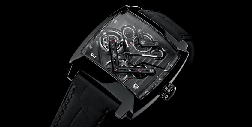 Like its predecessors, this watch features a V-shaped main plate on which the movement's four barrels are mounted at an angle to one another, looking "like the cylinders in a Formula One motor-racing engine"
