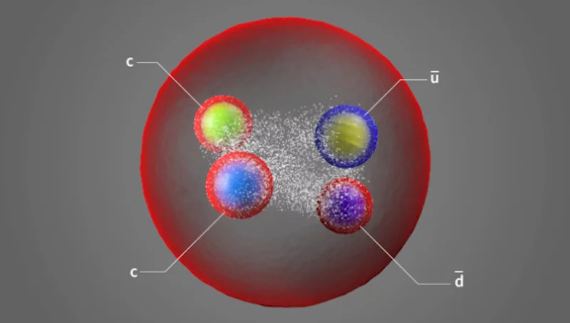 An artist's impression of the exotic new particle, Tcc+, which is made up of two charm quarks, an up antiquark and a down antiquark