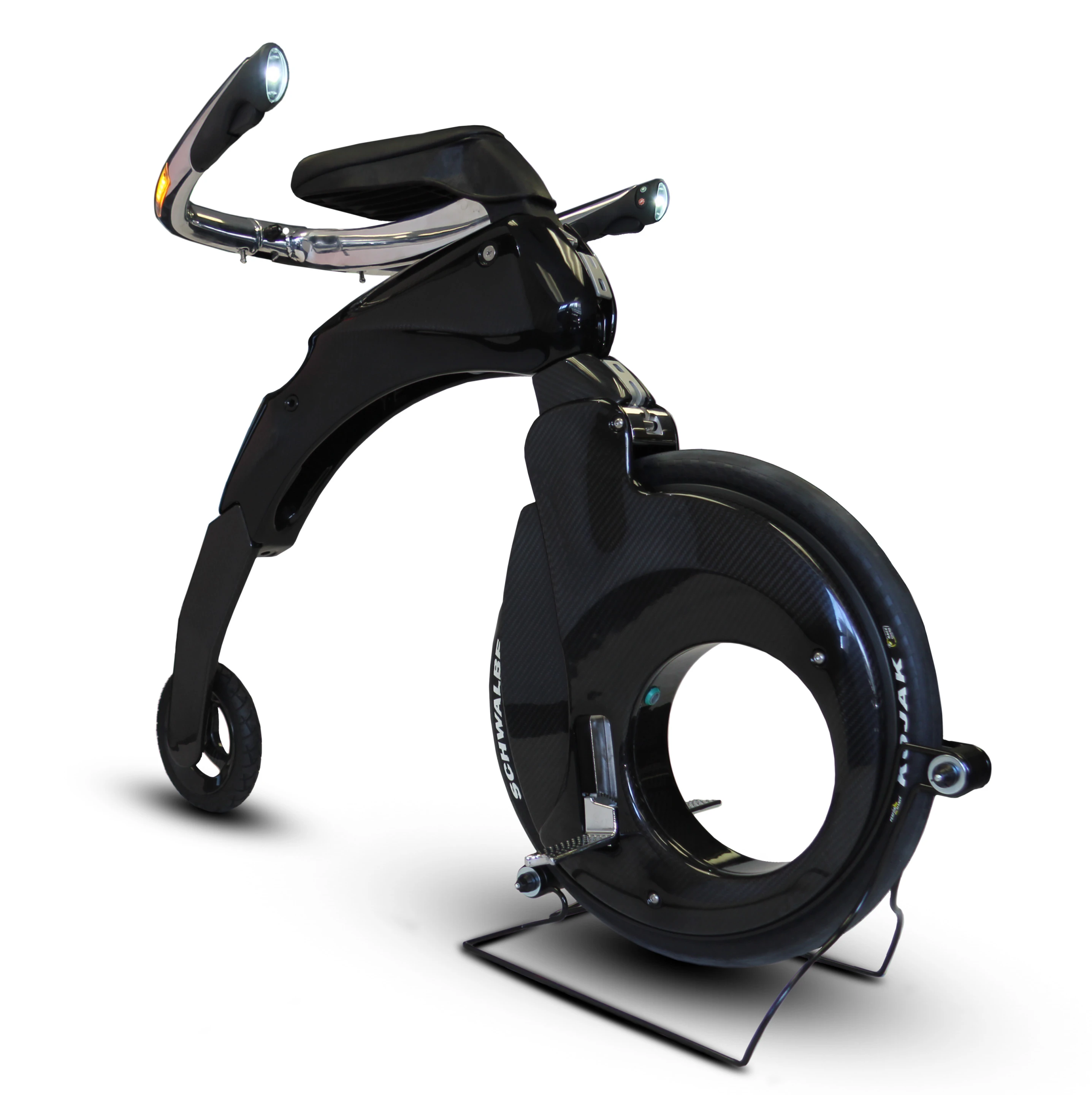 The Yikebike is a miniature, electric penny farthing made of carbon fiber capable of 25km/h (15 mph) with a range of 10 km or 20 km if you carry a spare battery.