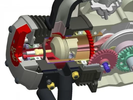 A close-up cutaway of the new 125cc scooter engine developed for MPI - note the advanced face gear drive system