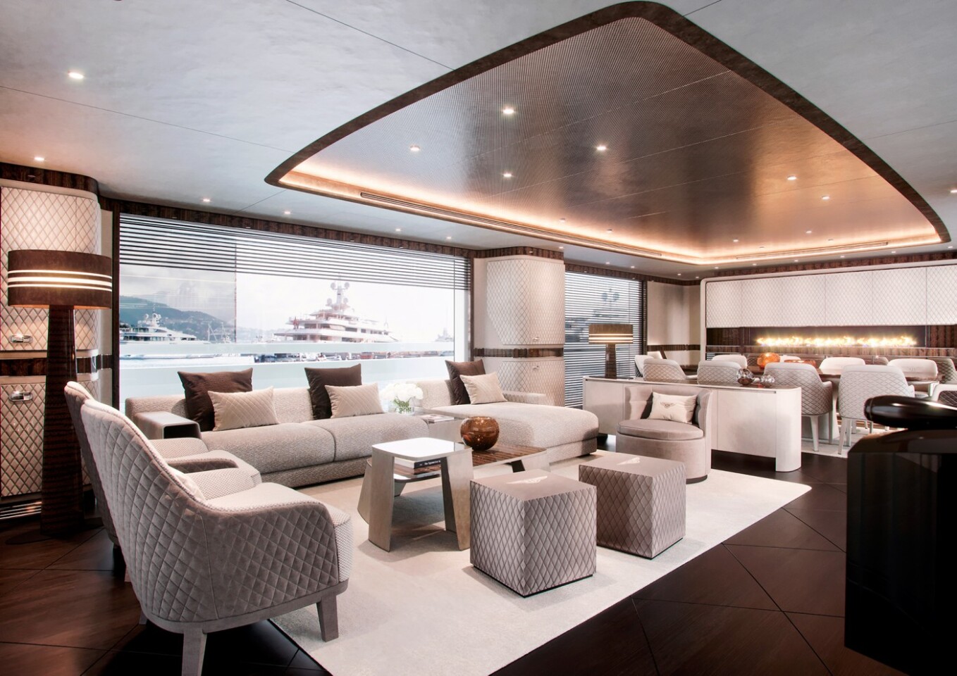 The main deck salon includes large windows for unobstructed views
