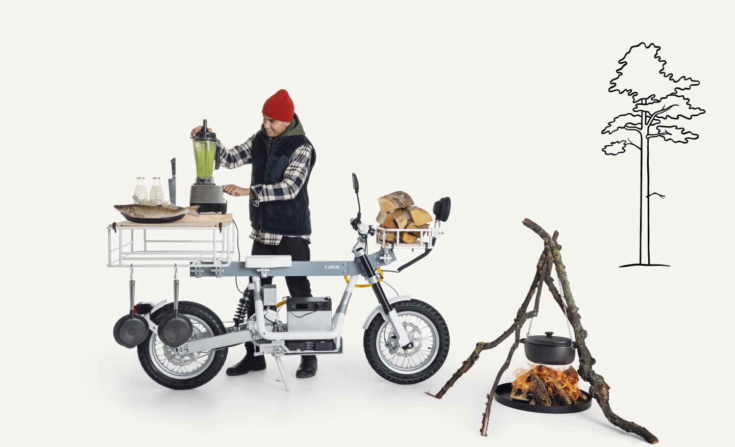 Examples of Cake Ösa configurations: mobile camp kitchen; add a bike camping trailer and you have a two-wheel electric RV