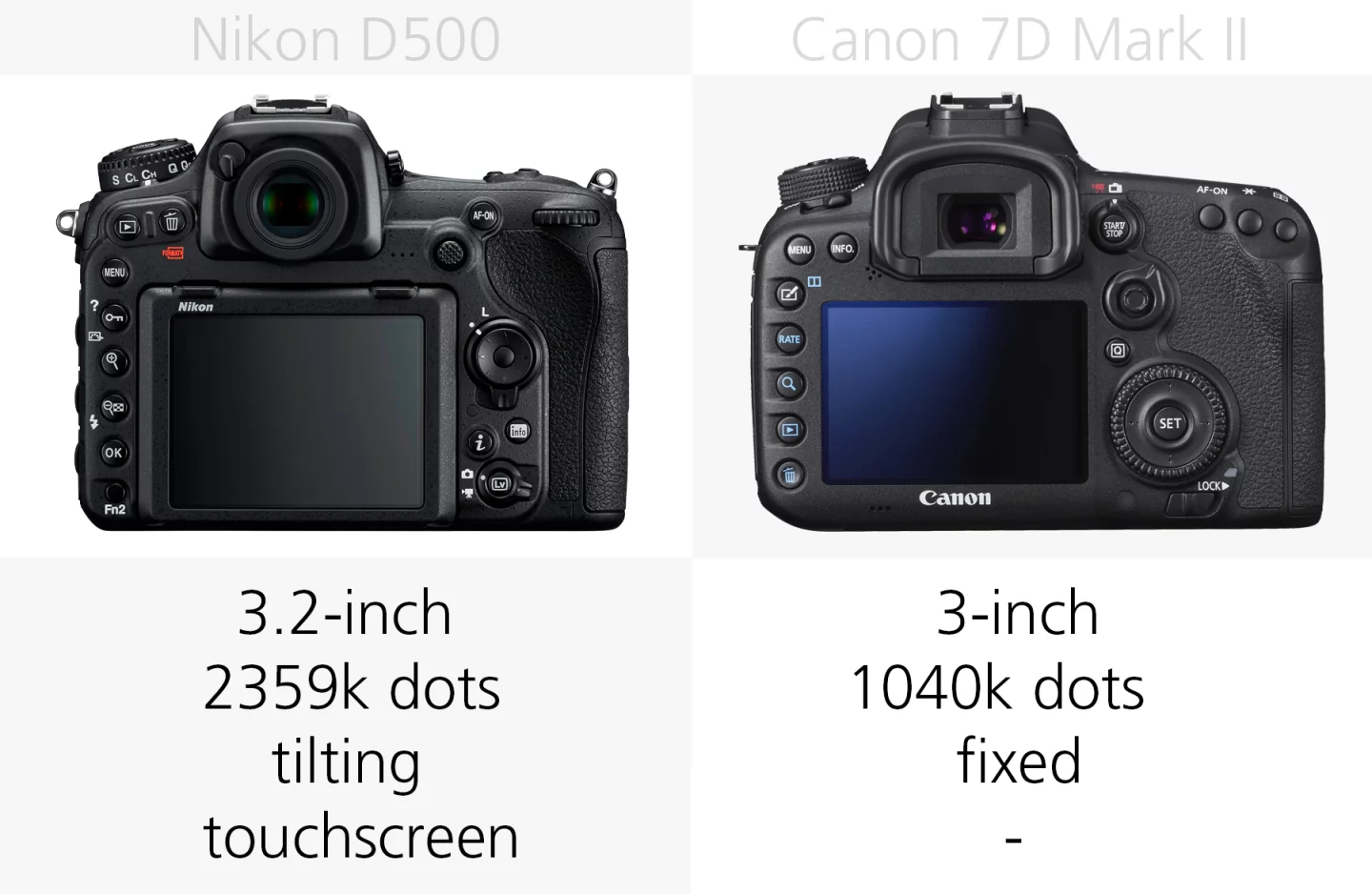 Rear monitor comparison of the Nikon D500 and Canon 7D Mark II