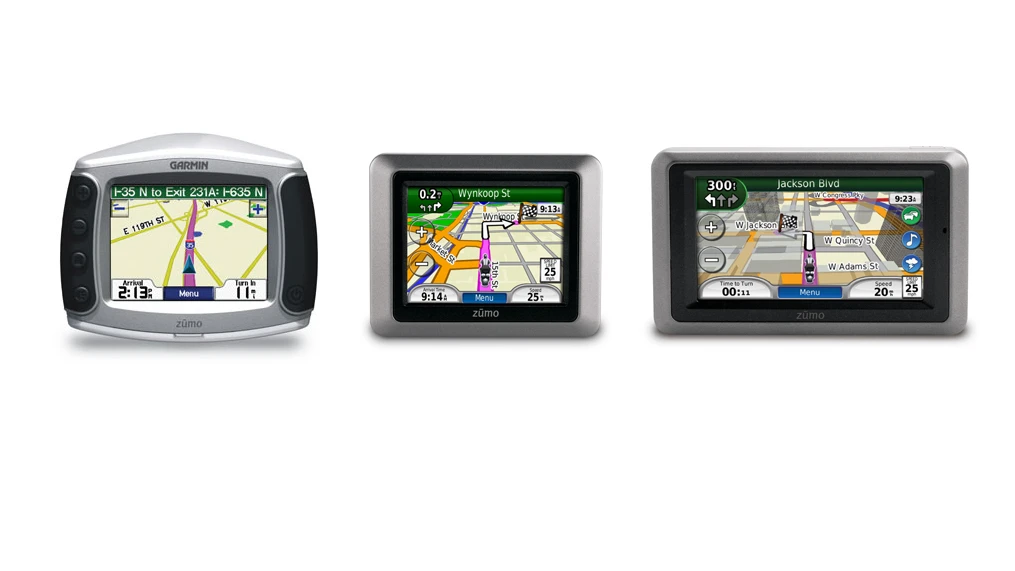 The Garmin Zumo 220 (center) is the smallest and lightest unit in the Zumo family (Zumo 550, left; Zumo 665, right)