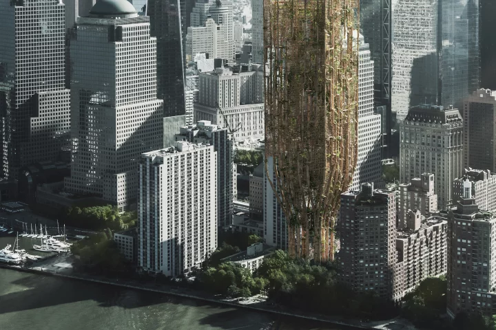 Living Skyscraper For New York City was designed by Andrii Lesiuk, Mykhaylo Kohut, Sofiia Shkoliar, Kateryna Ivashchuk, Nazarii Duda, Mariia Shkolnyk, Oksana-Daryna Kytsiuk, and Andrii Honcharenko. They won the 2021 eVolo Skyscraper Competition for their idea to use genetically modified trees to create a sustainable skyscraper