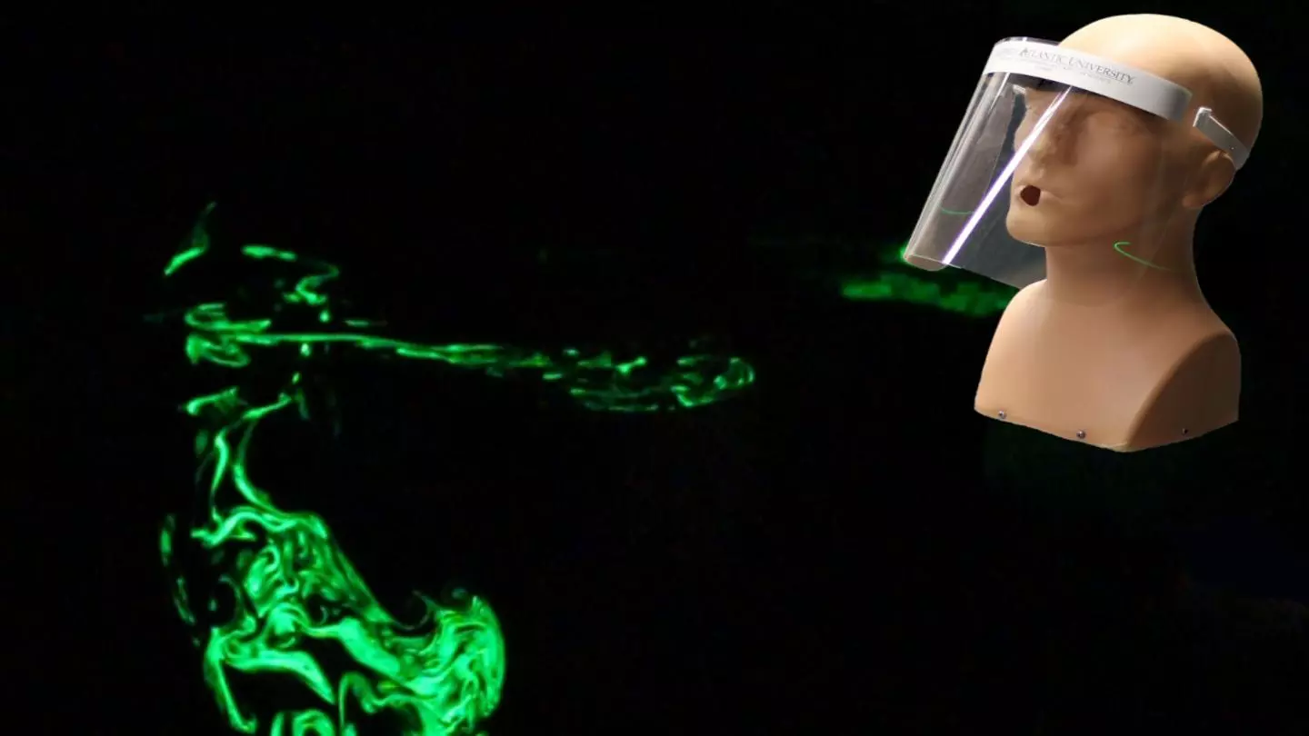 Far-field view of a droplet spread when a face shield is used to impede the jet, 2.97 seconds after the initiation of the emulated cough