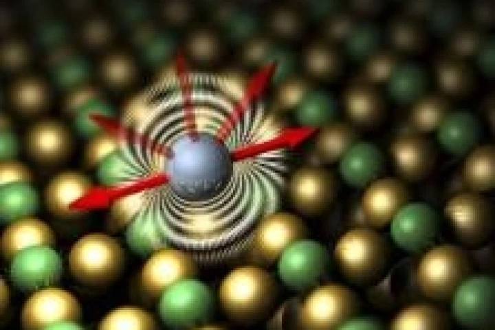 Illustration of the preferred magnetic orientation of an iron atom on a specially prepared copper surface. The ability of an atom to maintain its magnetic orientation can help determine that atom's suitability for storing data.