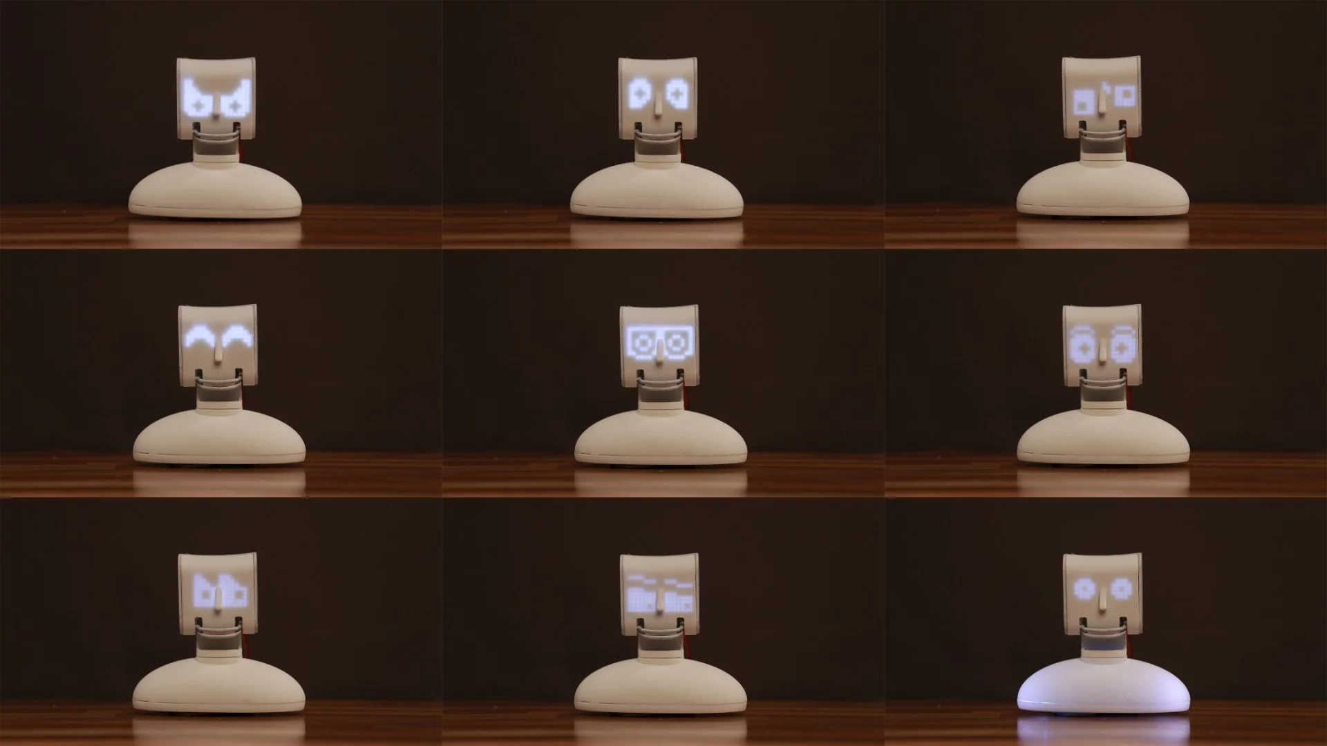 Picoh's LED face can be animated to convey different emotions and programmed to respond to different stimuli, like sound or when he recognizes faces