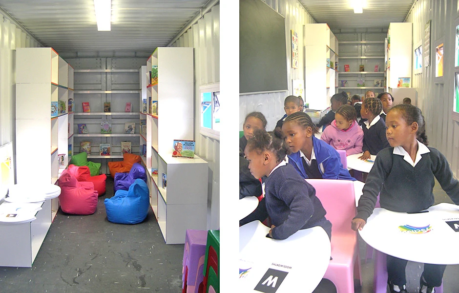 The 39-foot (12-meter) long, 538-sq foot (50-sq m) container is living a second life as a classroom for 5-6-year old pupils at the Vissershok School, Cape Town, South Africa