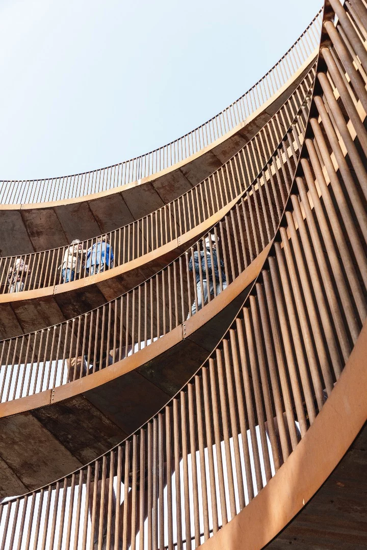 Unlike the somewhat similar Vessel, in New York City, the Camp Adventure Tower is navigated via a long ramp, rather than stairs