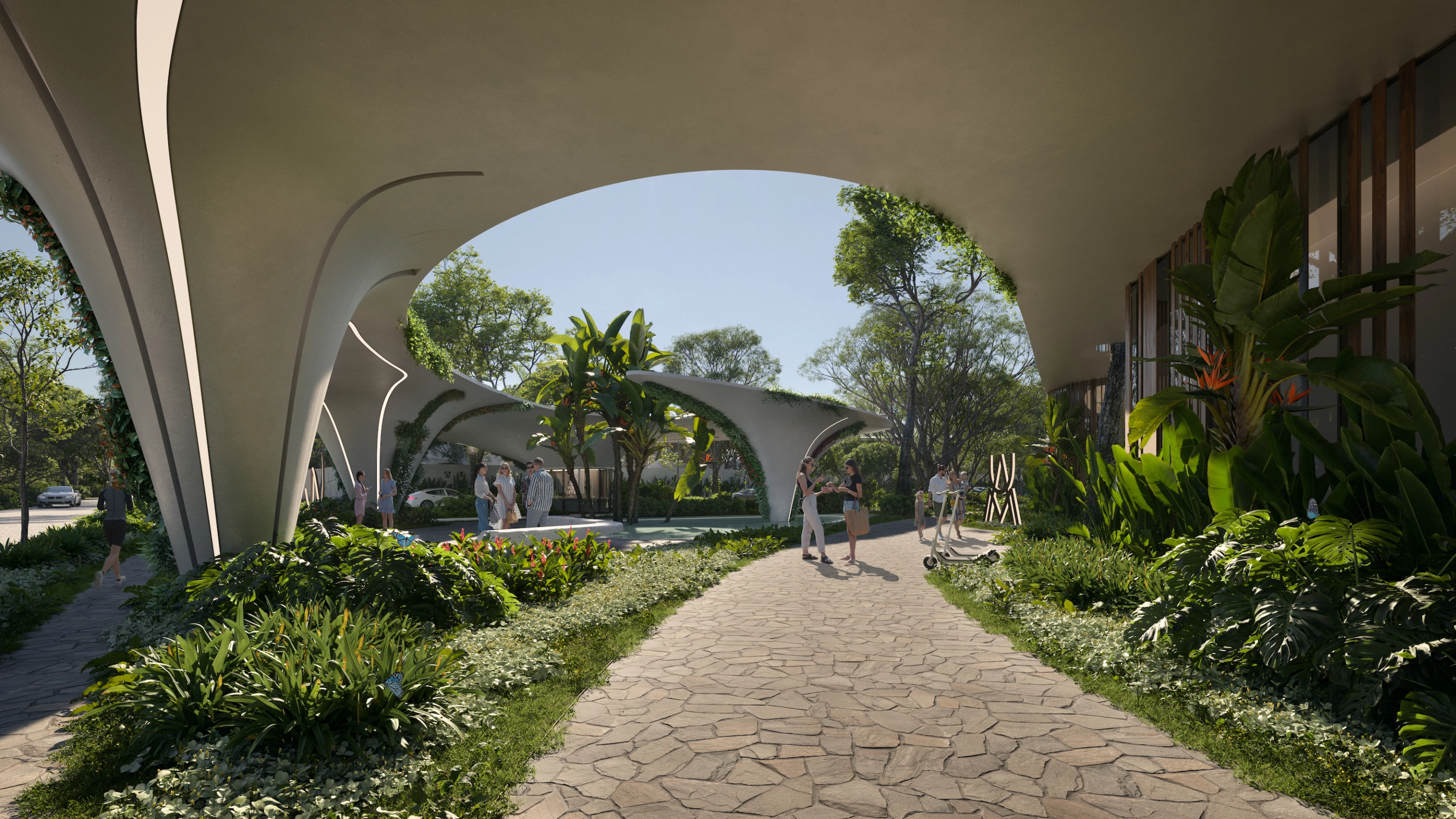 Aldea Uh May's landscaping will create multiple shaded areas for socializing, and a pedestrian-focused layout that ensures cars move slowly