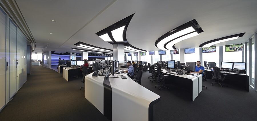 The newsroom mirrors the stylistic approach of the studio and is used as a backdrop for filming in the studio