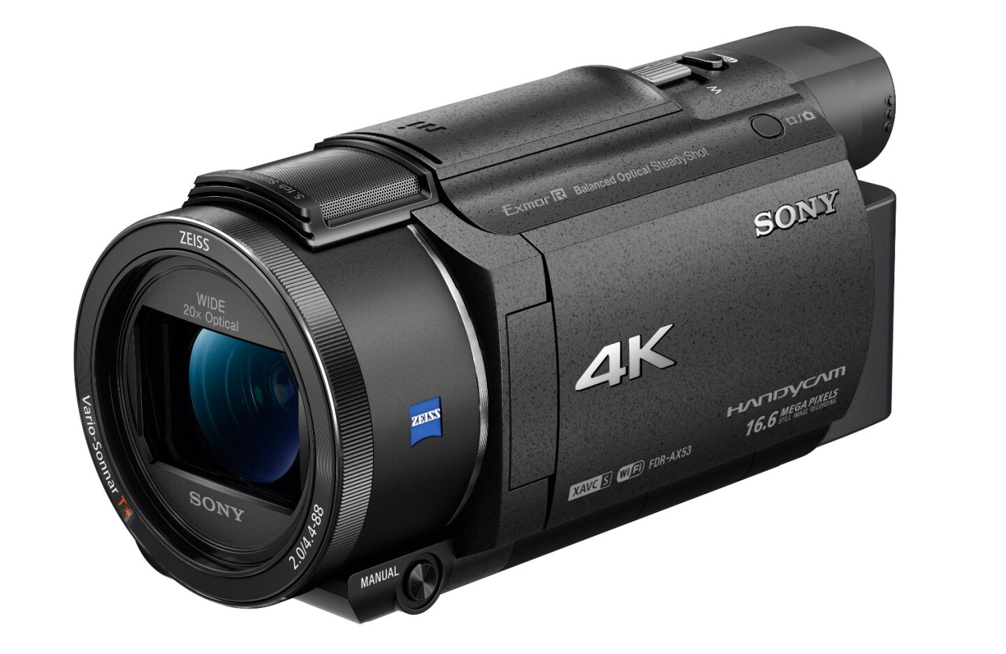 The Sony FDR-AX53 4K Handycam camcorder boasts a 20x (26.8-536-mm equivalent) newly-developed Zeiss Vario-Sonnar T* lens