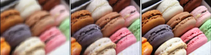 How a farsighted person would see a computer screen without corrective lenses (left), how they would see it using the vision-correcting display (middle), and a computer simulation of the best picture quality possible using the prototype display (right) (Photo courtesy Houang Stephane/flickr; modified by Fu-Chung Huang/UC Berkeley)