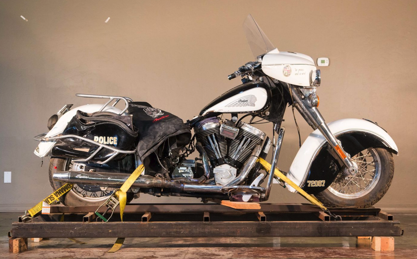 This is one of the Indian police bikes that was wrecked during the filming of the 2003 Arnold Schwarzenegger movie, Terminator 3: Rise of the Machines. Indian provided eight motorcycles configured as a police machines, and Schwarzenegger rode the motorcycle during the chase scene and this was the bike that got smashed during the crane sequence. One of the bikes which didn't get wrecked sold for $9,360 at a Bonhams auction in 2009, but this is easily fixable and ... hey, it's Arnie's bike, with genuine Terminator movie provenance. If the value of a bike is the stories it contains, surely this is worth more than $4,950!