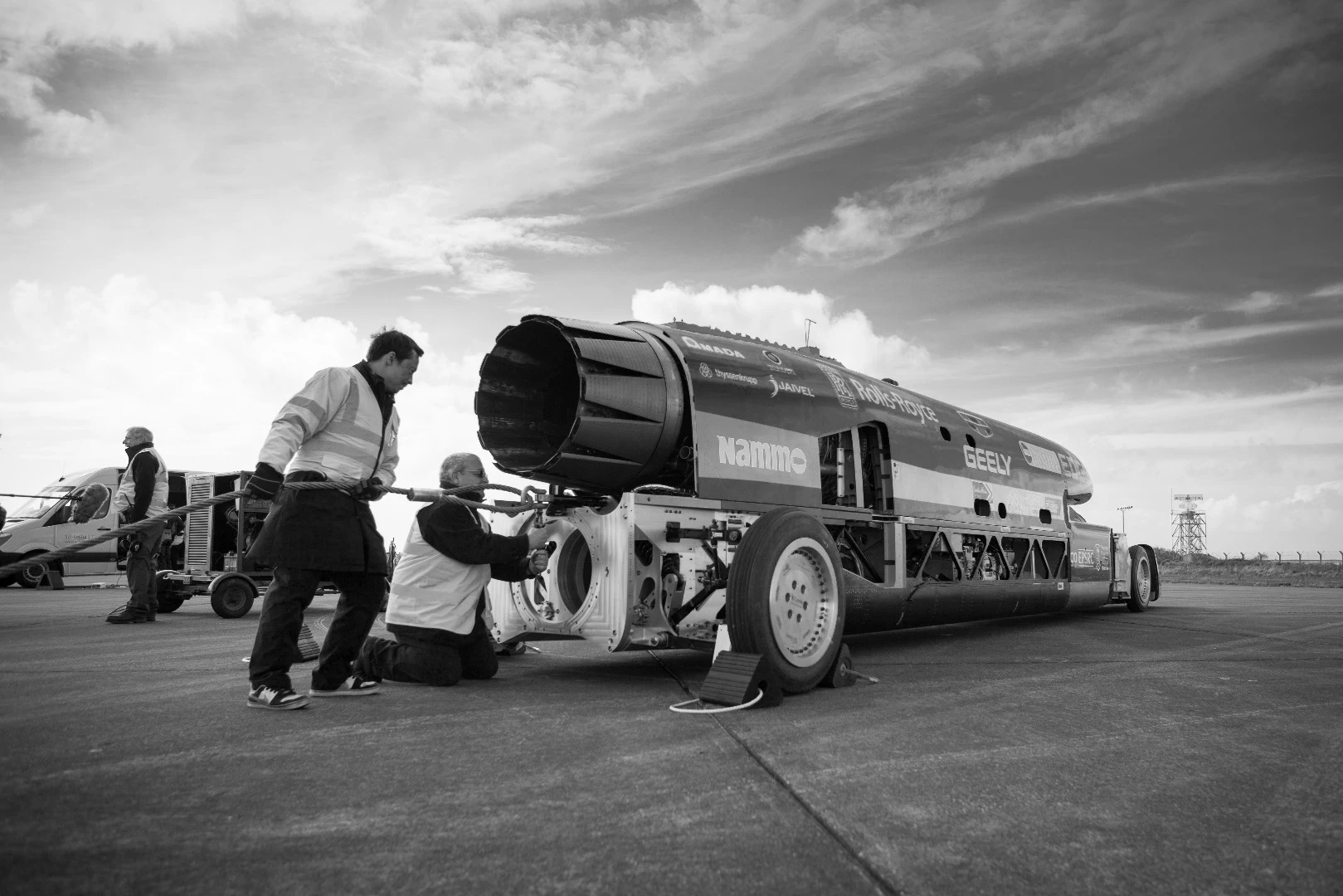 The car was initially fitted with a jet engine for this first run but an additional rocket is being developed to get it going even faster