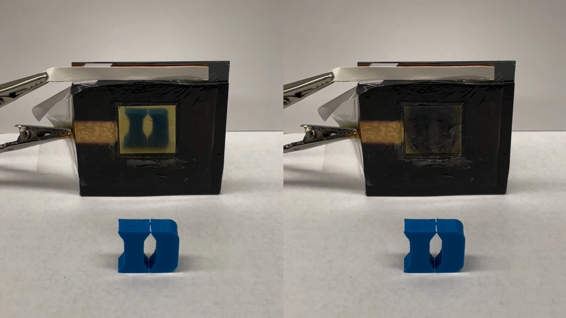 A sample of the material in its transparent/cooling (left) and opaque/heating states