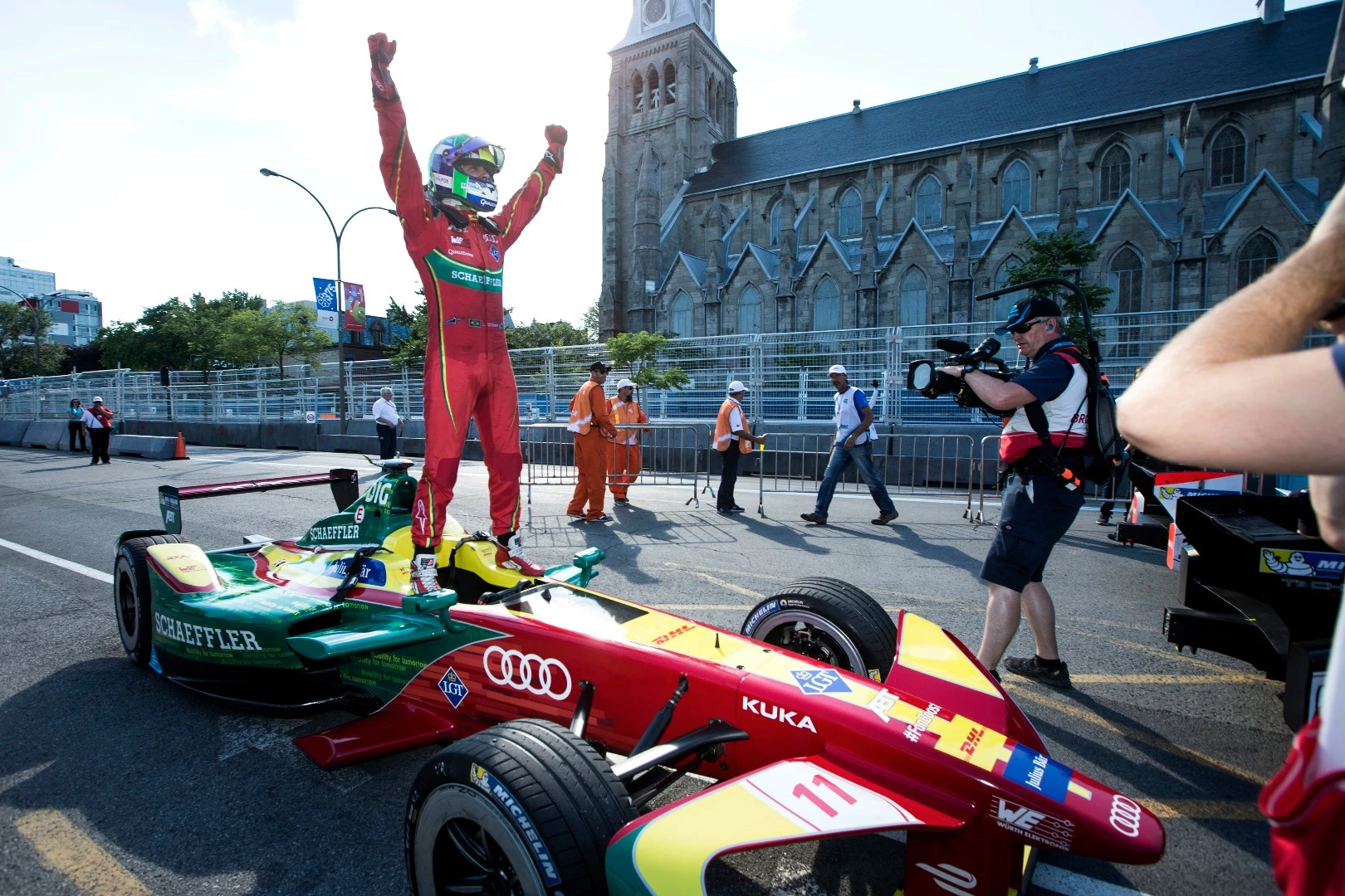 Lucas Di Grassi celebrates his title win in the third season of Formula E
