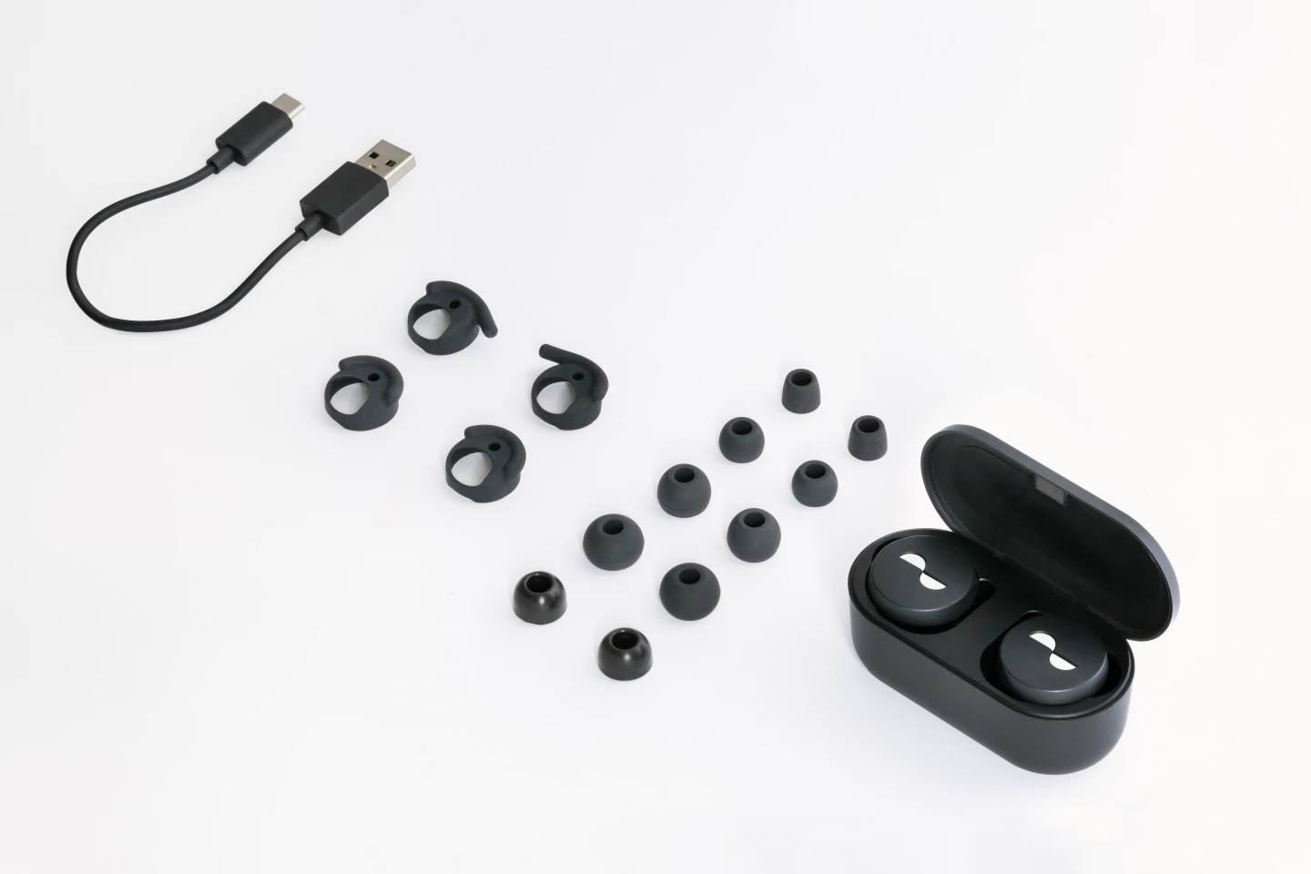 NuraTrue earbuds ship with a range of ear tips, an optional set of finned ear surrounds, and a charging cable