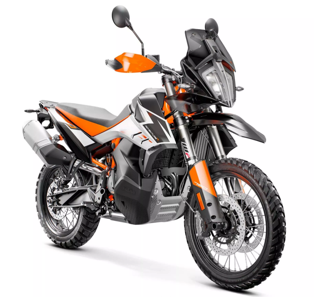 KTM 790 Adventure R: notable for its long travel WP suspension, knobbies and dirtbike-style beak