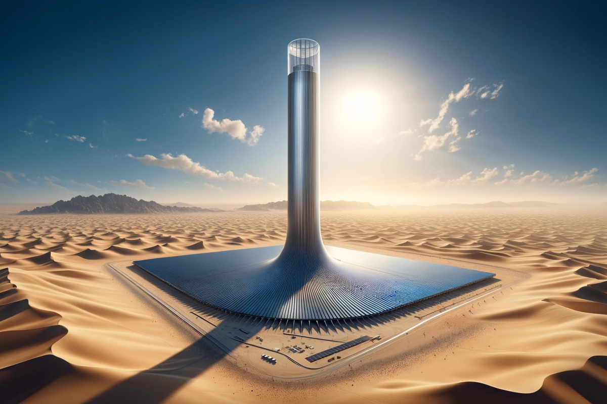 A 200 metre tall, double-action solar updraft/downdraft tower could generate clean energy 24/7 in a hot, dry desert area