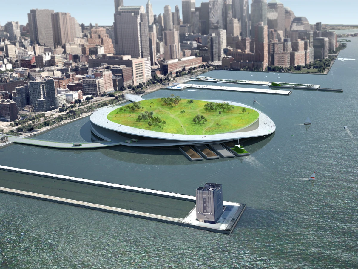 Present Architecture has proposed a network of composting, green space islands for New York