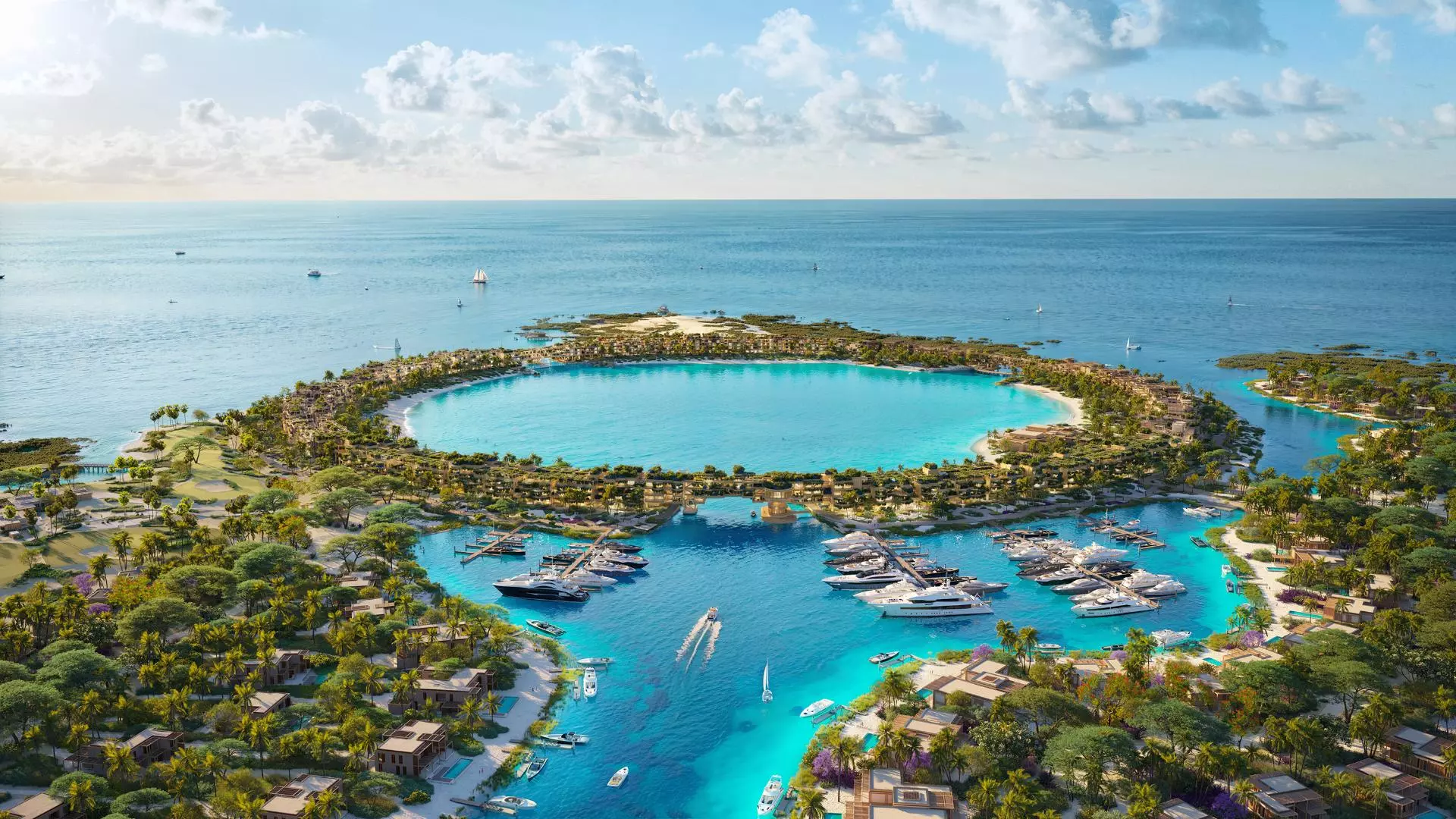 Laheq is a luxurious island resort that will be centered around a large ring-shaped structure hosting hotels and homes