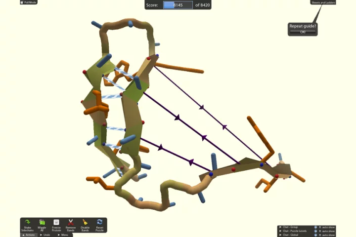 Foldit players can use different tools to interactively twist, jiggle and reshape proteins - in this picture, a player uses rubber bands (purple) to pull together two sheets, or long flat regions of the protein