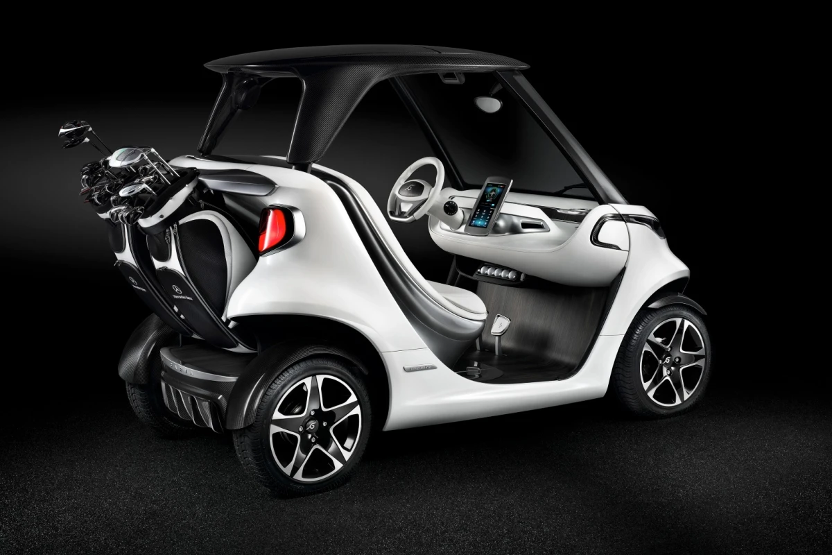 The golf bags are stored at an angle so golfers can easily slide clubs in and out