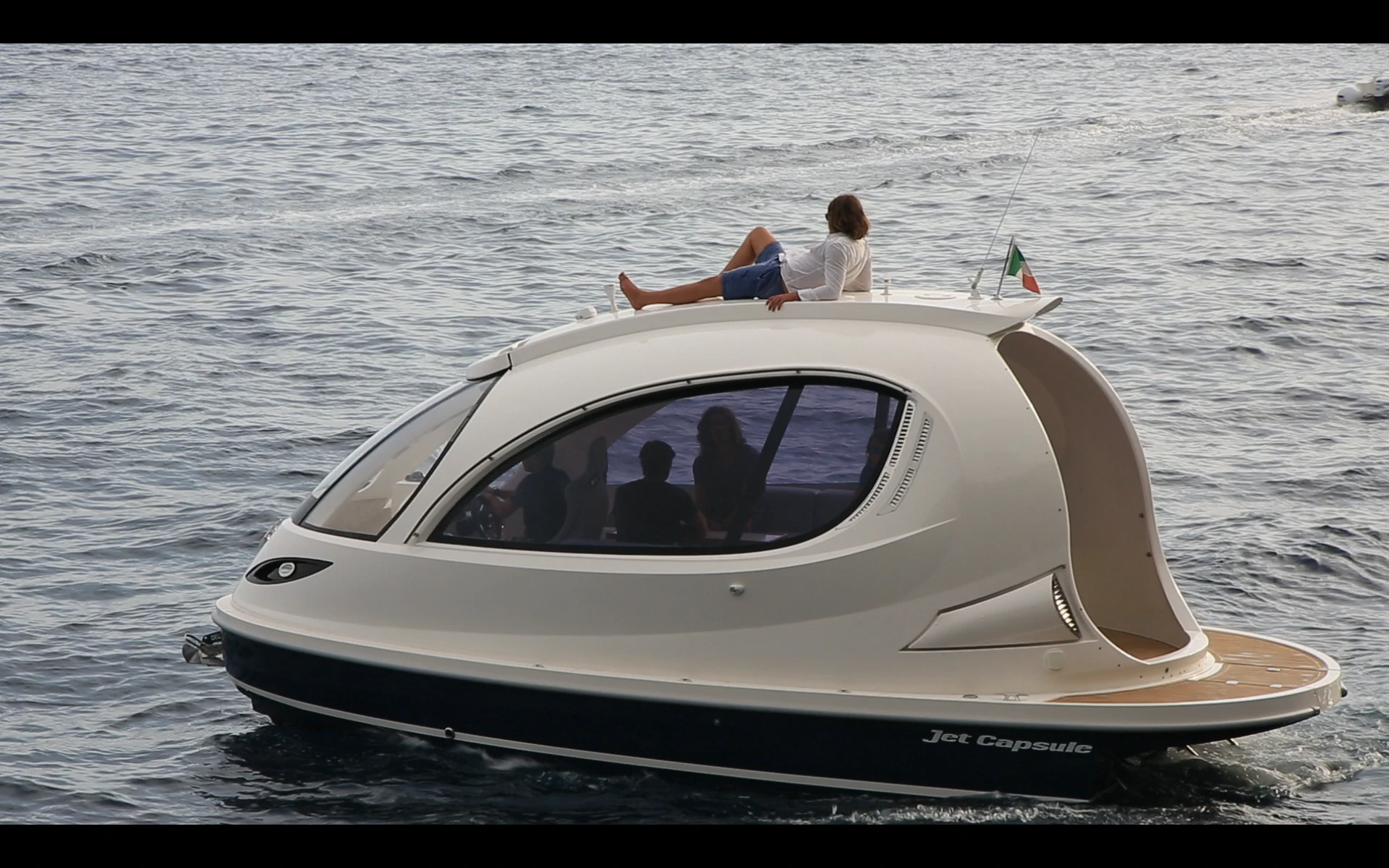 The craft features a protected deck and seating area which accommodates eight passengers and a rooftop sunbed