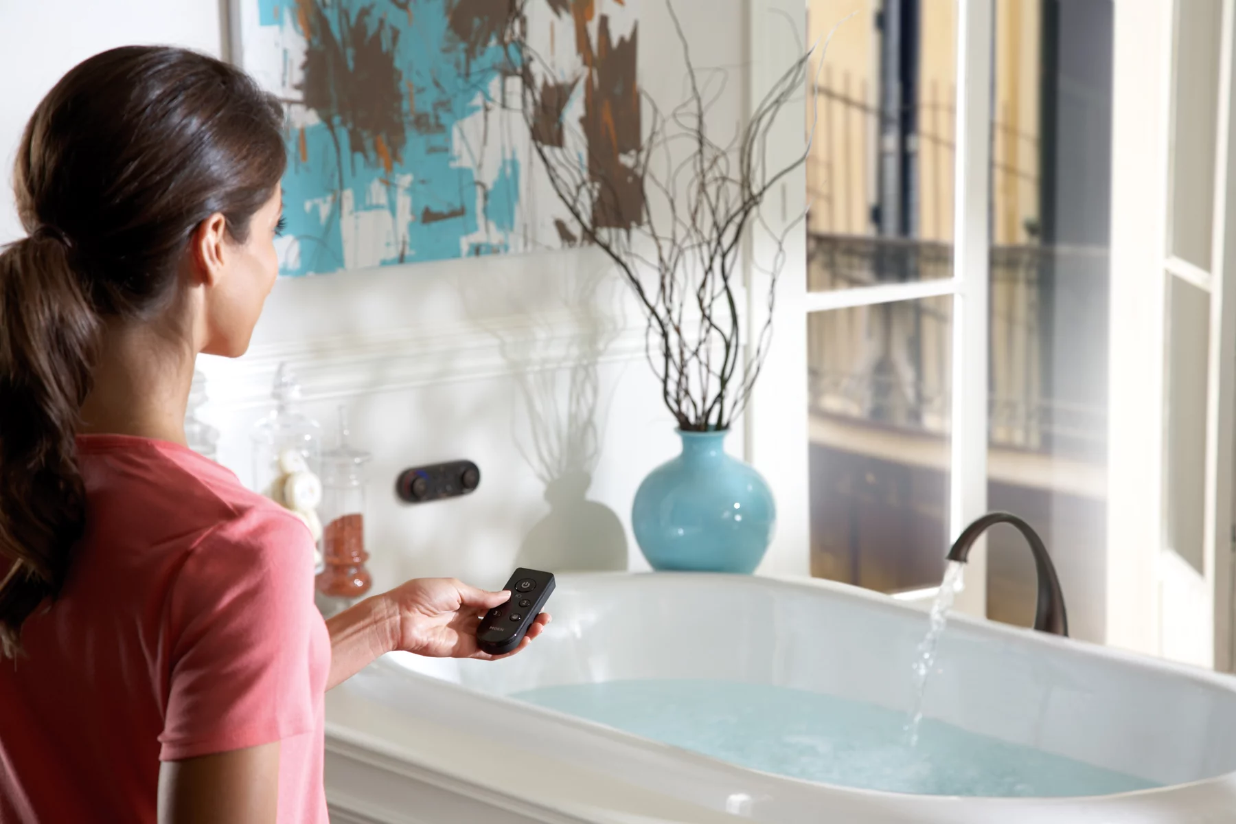 The Moen ioDIGITAL controls water temperature, fill levels and can be controlled remotely to provide the ultimate bathing experience