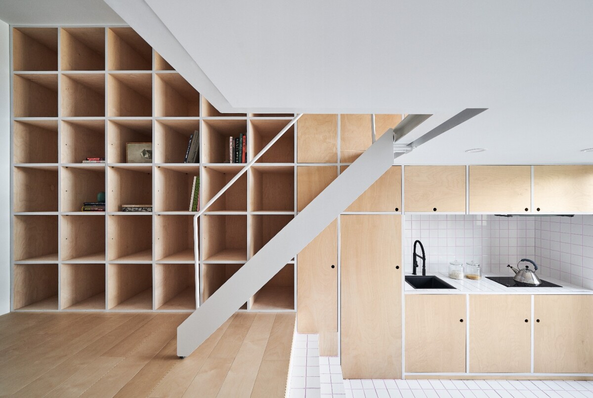 Stairs and shelving inside the Muzha Micro Flat