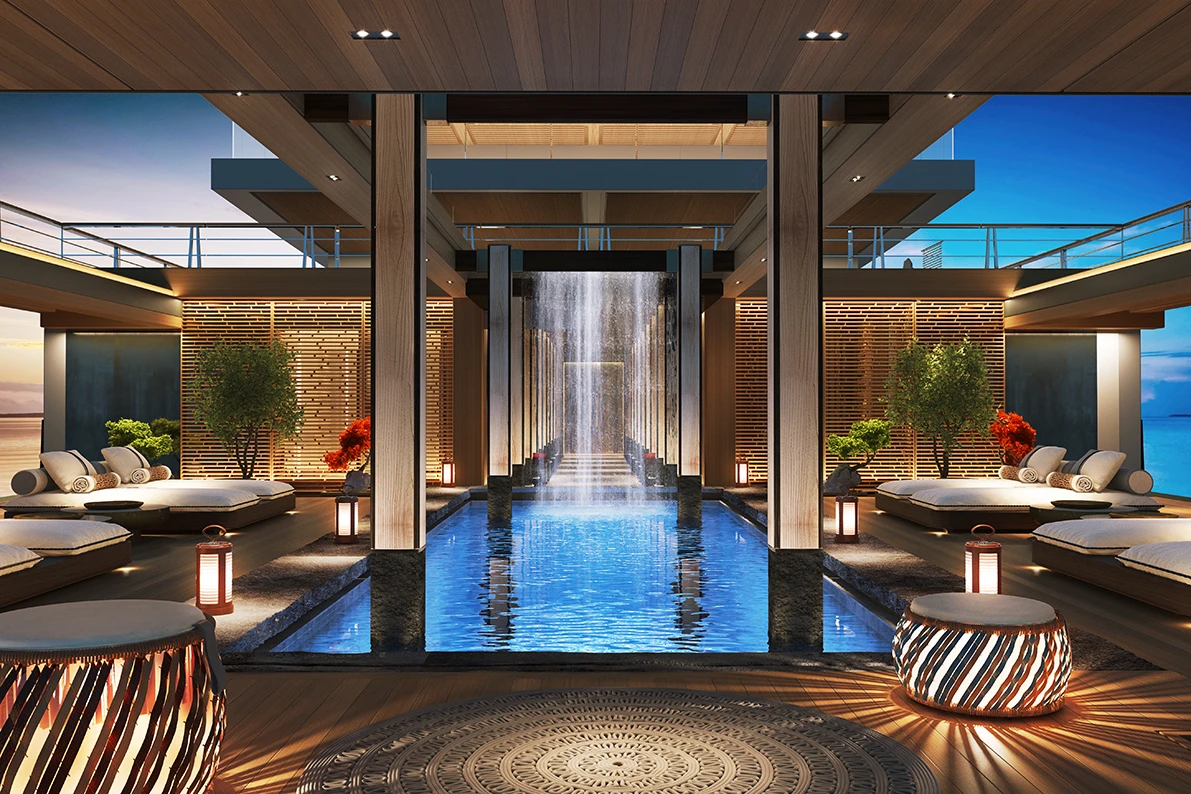 The spa and pool area features relaxing water features