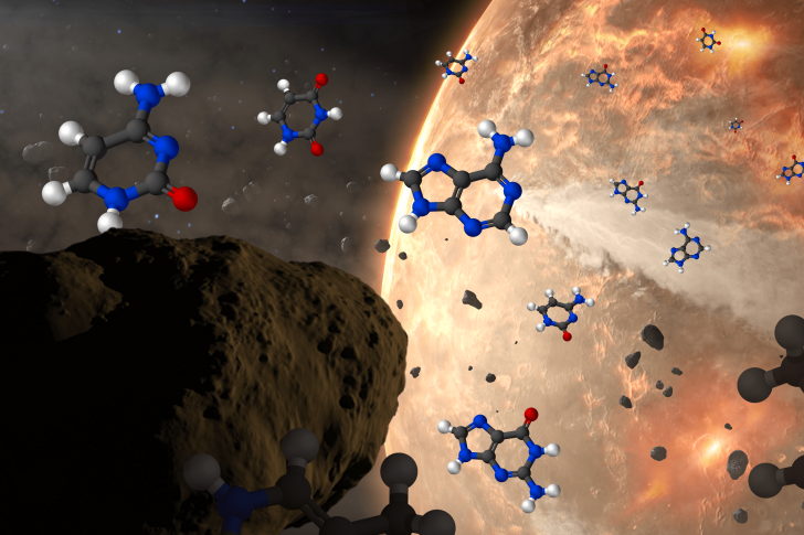 An artist's illustration of an asteroid delivering nucleobases (seen as molecular models) to early Earth