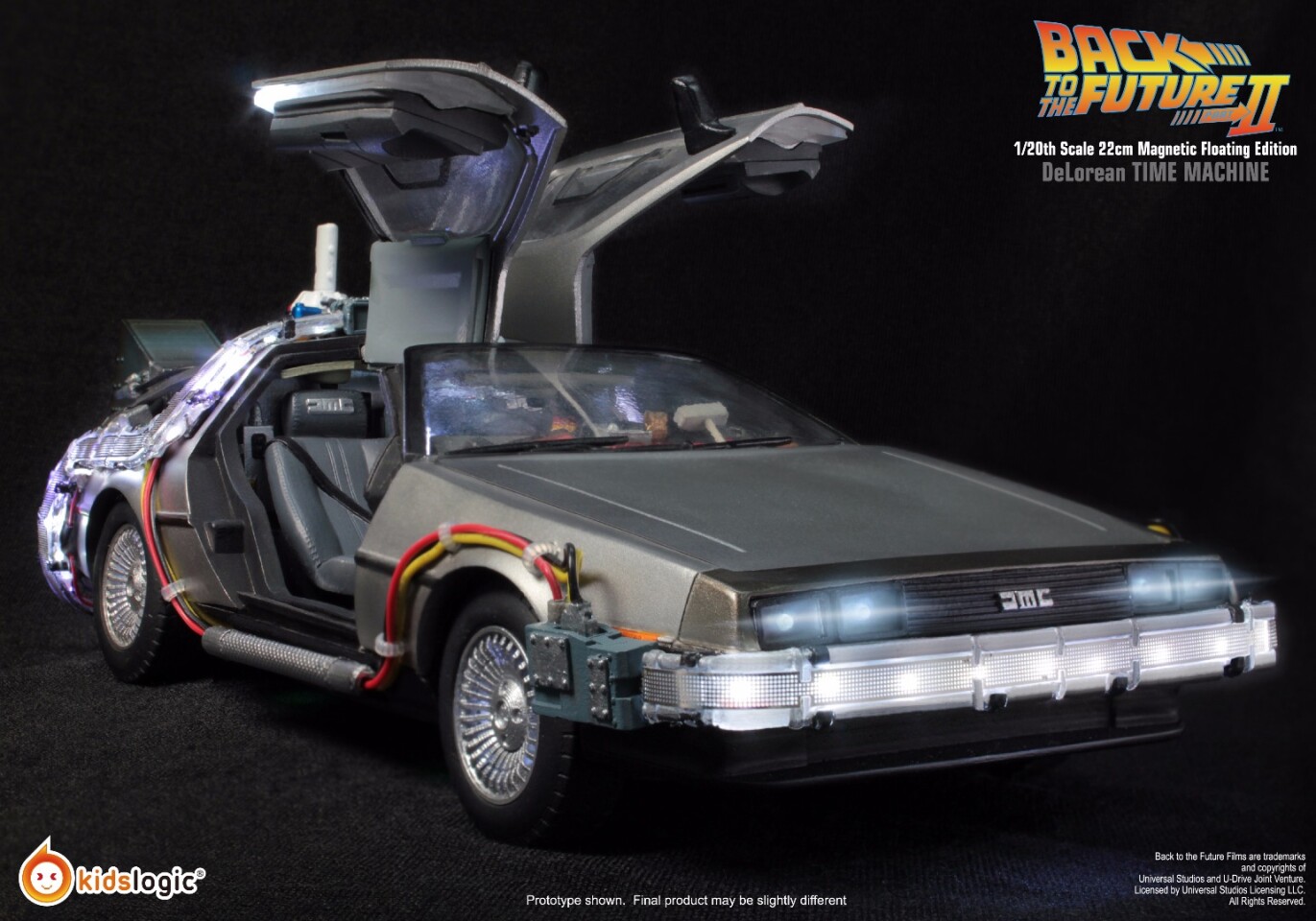 Fully functional gull-wing doors on the cale model replica of the Back the the Future II hovering DeLorean