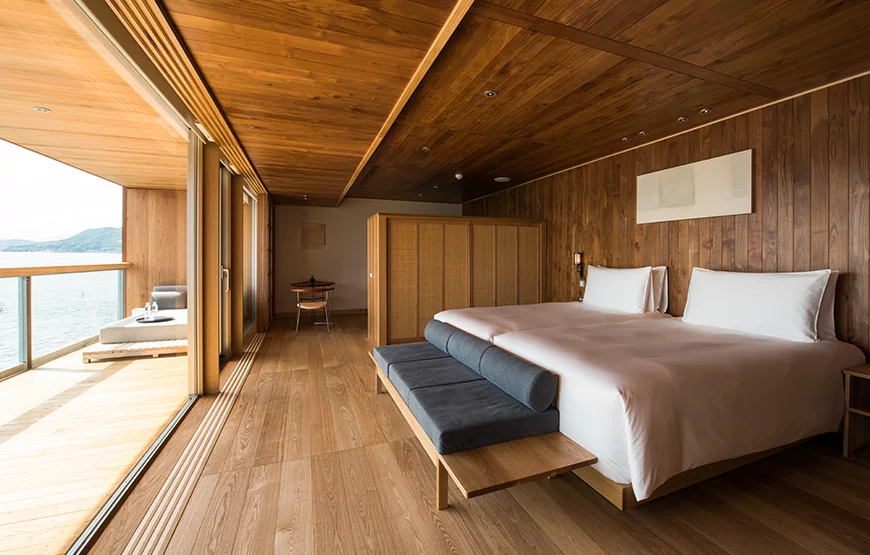 Thefloating hotel was built using timber as its main interior materialof choice