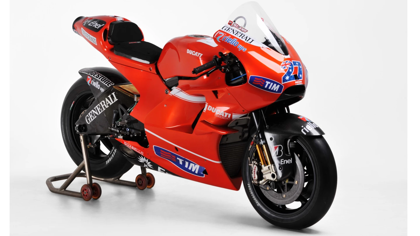 Casey Stoner's 800cc Desmosedici GP10 CS1 was a factory Ducati MotoGP bike during the 2010 season. It was sold by RM Auctions for EUR 251,500 (US$325,430) at auction in Monaco in 2012. Gizmag wrote up the bike at the time of the sale. The bike logged 4,232 racing kilometres , including a victory in the Australian GP at Phillip Island in October 2010, podiums in Valencia, Assen and Catalunya and pole positions in Qatar, Phillip Island and Valencia.