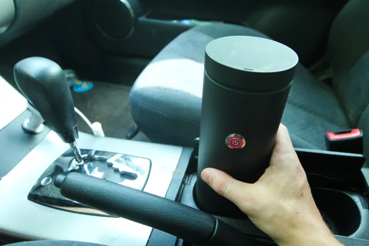 The Hey Joe travel mug brews coffee on demand, a heating plate keeping the beverage warm until you find time to drink it