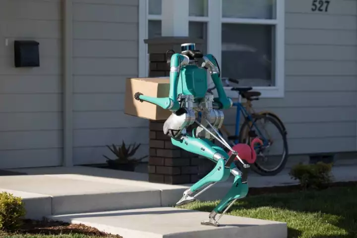 Ford's two-legged robot called Digit would travel to a customer’s address in a self-driving vehicle before hopping out to drop the package at the door
