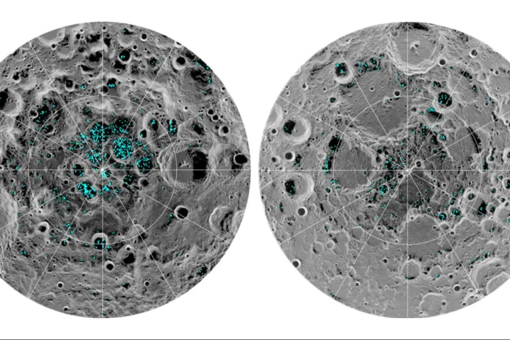 Distribution of surface ice at the Moon's south pole (left) and north pole (right) as detected by NASA's Moon Mineralogy Mapper instrument